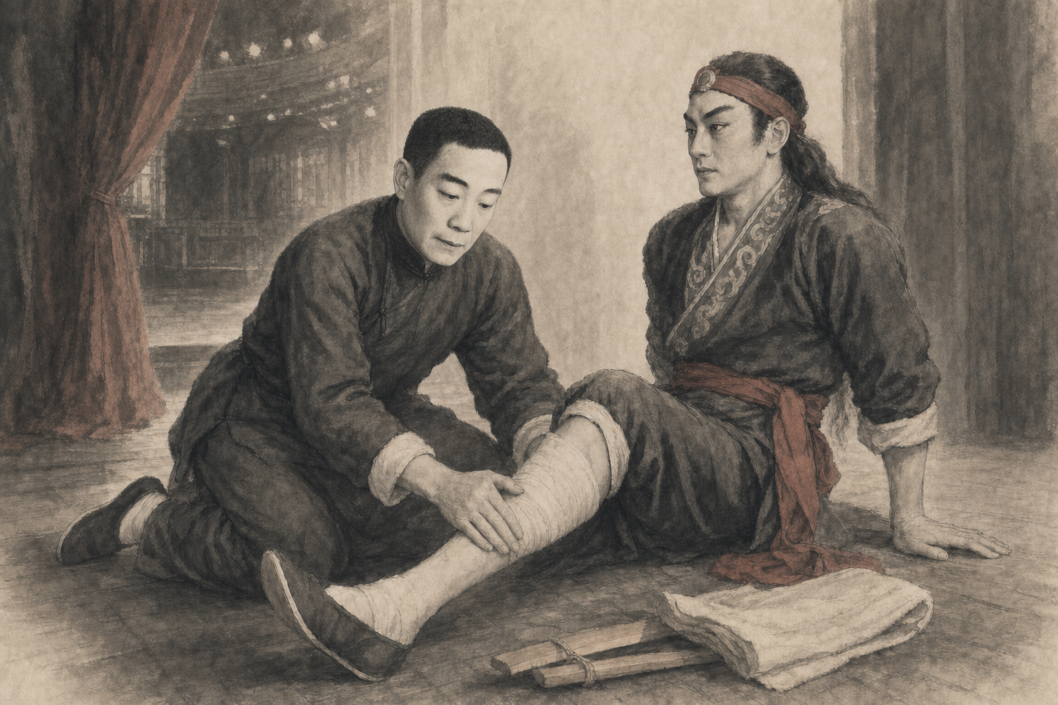 石筱山俯身察看盖叫天伤腿并施治的水墨画