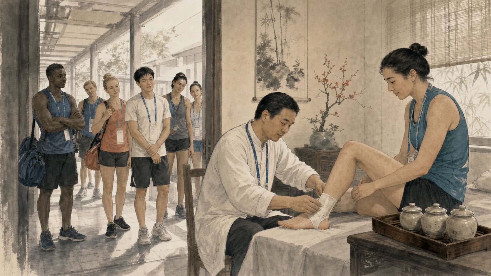 2008年北京奥运村内运动员排队体验石氏伤科中医疗法的水墨画